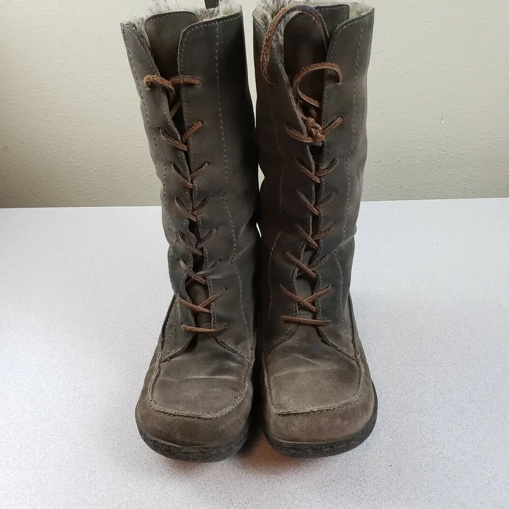 Sam‎ Edelman Womens Brown Leather Round Toe Mid Calf Lace Up Snow Boots Size 7
